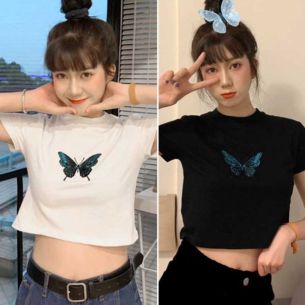 

women's korean butterfly print sleeve short t-shirt, White