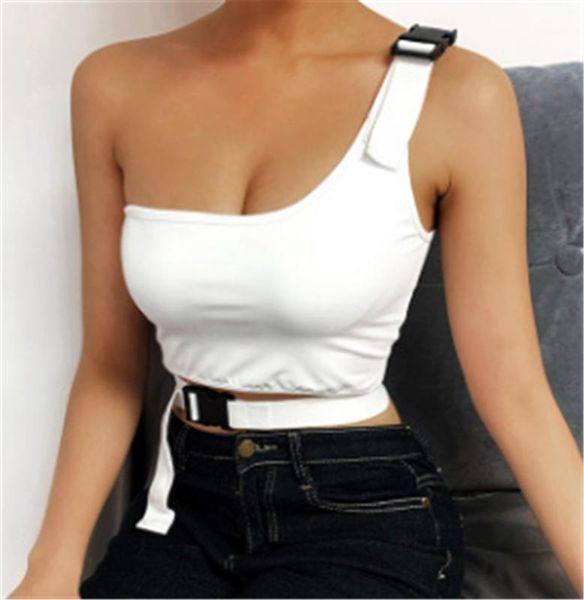 

women tank summer solid short crop ladies hollow out one shoulder daily wear outdoor skinny adjustale1, White
