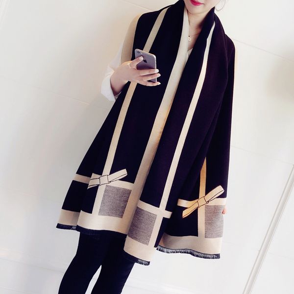 

autumn and winter new korean bow warm long shawl double sided thickened student scarf female winter neck, Blue;gray