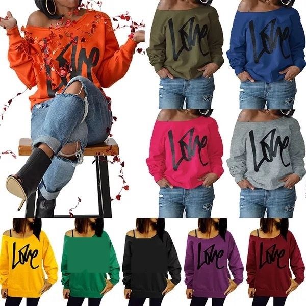 

trendy large fashion print letter long sleeve sweater t-shirt sweater wide crew neckshoulder t-shirt 2240# lefwk, Black