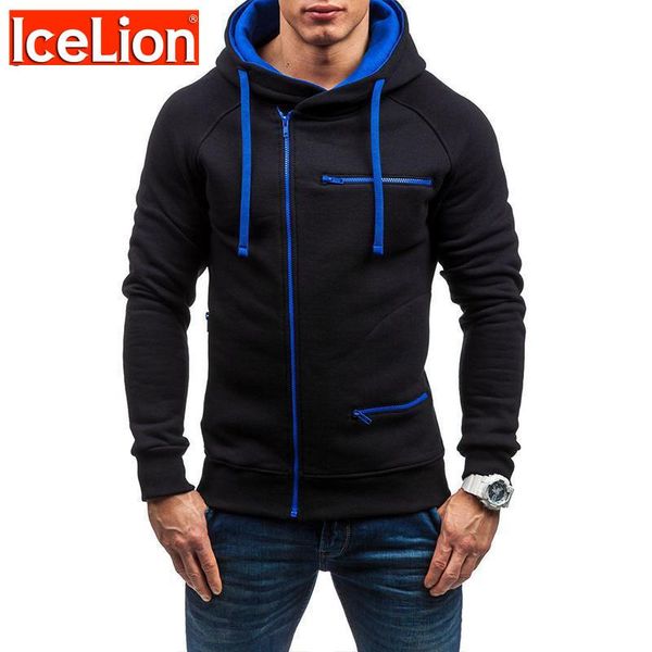 

icelion 2020 fashion hoodies men long sleeve slim fit hooded sweatshirts zipper cardigan cotton sportswear solid male tracksuit, Black