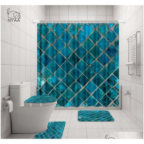 

nyaa 4 pcs mosaic decoration shower curtain pedestal rug lid toilet cover mat bath mat set for bathro qylejh sweet07