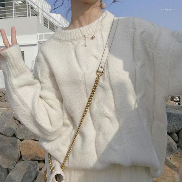 

women's sweaters loose knit sweater coat head lazy round neck twist women1, White;black