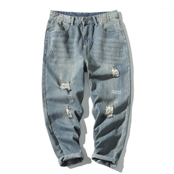 

new men's jeans brand fashion hole loose loose straight jeans trend shallow wash men's solid color comfortable denim trousers1, Blue