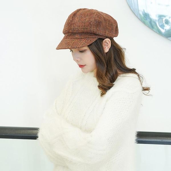 

stingy brim hats beret hat lady retro artistic octagonal autumn winter male and female lovers casual joker check 1, Blue;gray