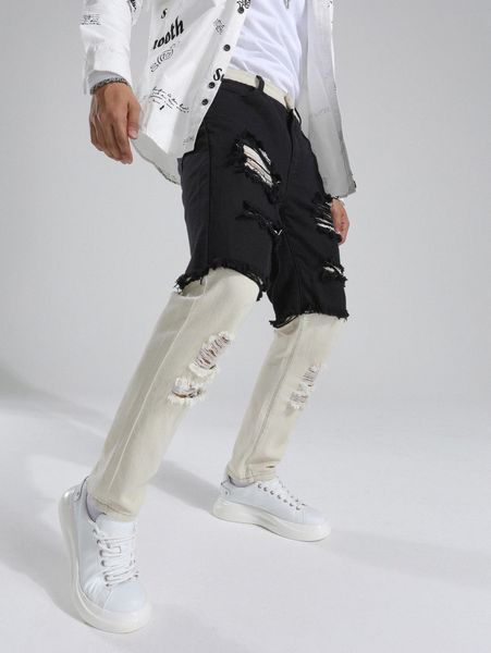 

men two tone ripped raw cut jeans e88l#, Blue