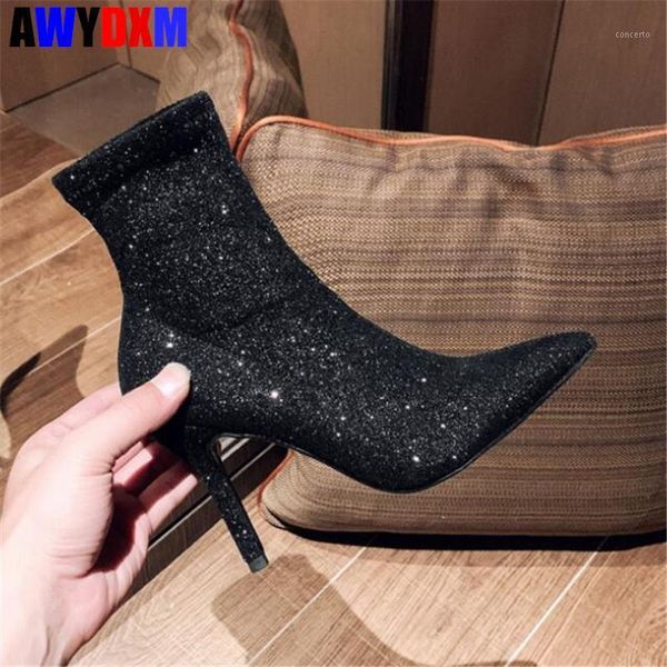 

2020 women ankle boots fashion bling thin high heels shoes woman pointed toe elastic sock boots female autumn party1, Black