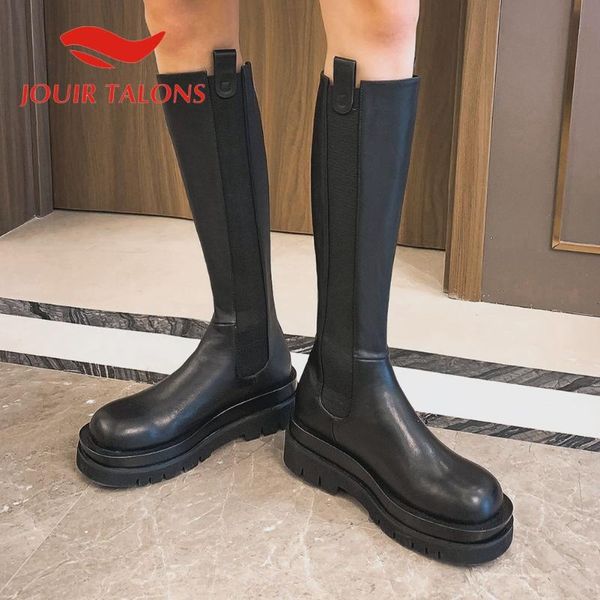 

boots jouir talons shoes woman genuine leather round toe brand zip platform square thick heels mid-calf, Black