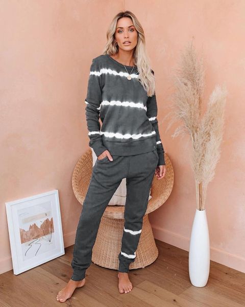 

meihuida 2021 fashion 2 pcs women tie-dye outfits, casual style stripe long sleeve round neck pullover + trousers slant pocket, Gray