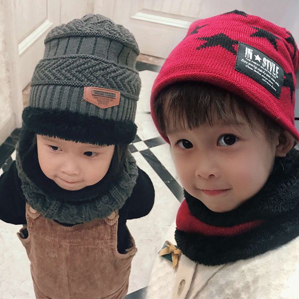 

korean fashion wool children's t14 plush baby autumn winter warm hat scarf two piece set boys and girls neck, Red;brown