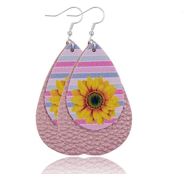 

sunflower printed faux leather teardrop earrings colorful layered flower pattern water drop earrings creative gifts u73fy bbyfv
