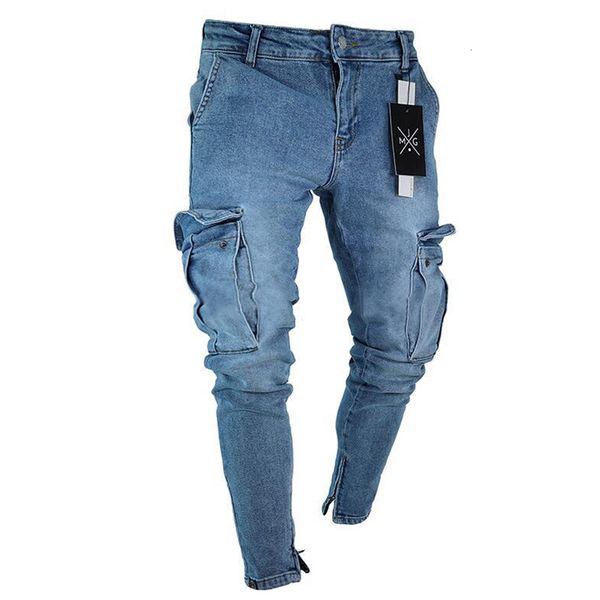 

2021 new mens hip hop streetwear ripped big pockets pants men solid color slim fit hole jeans male high street fashion n5s5, Blue