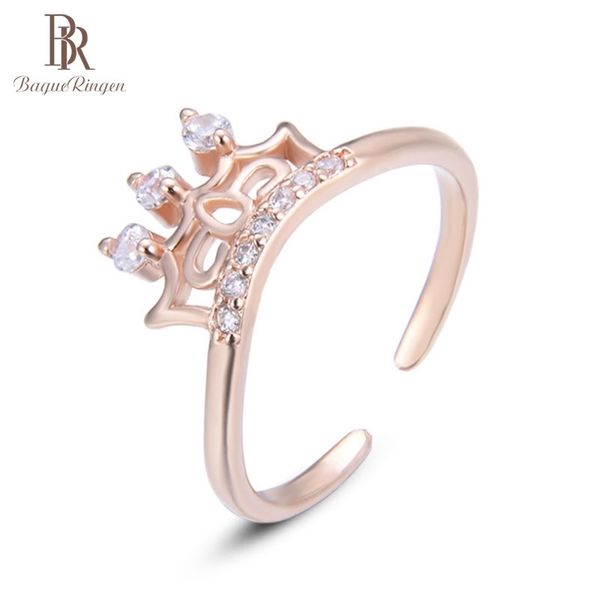 Bague Ringen 100% Sterling Silver Ring com coroa Zircon rosa cor de ouro moda fina jóias presentes de festa por atacado y200321