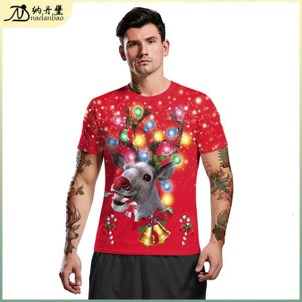 

reindeer 2020 christmas men's digital red printing loose round neck t-shirt, Black