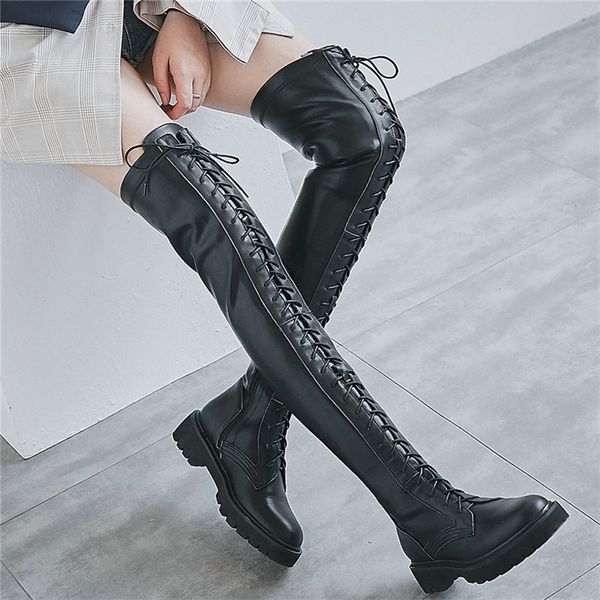 

thigh high creepers women black lace up strappy over the knee high military boots long shaft fashion sneakers punk goth oxfords y200723