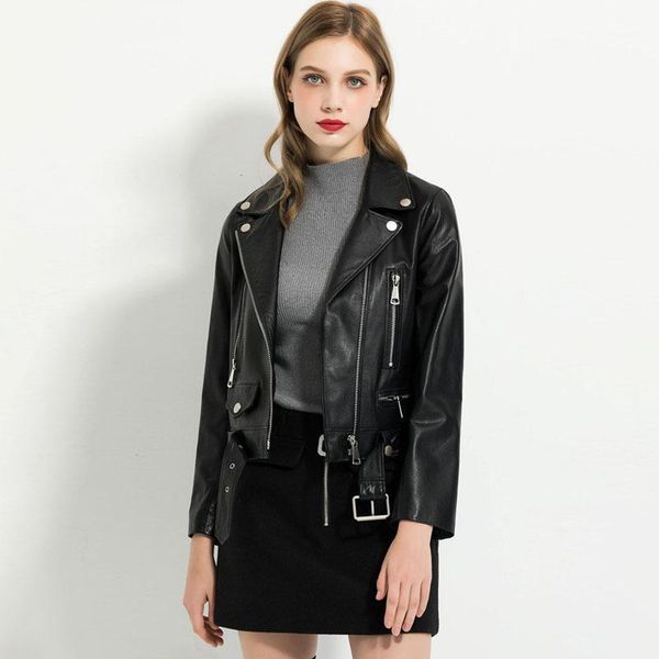 

2020 new spring autumn ladies casual leather jacket female slim zipper basic faux leather coats women biker outerwear with belt1, Black