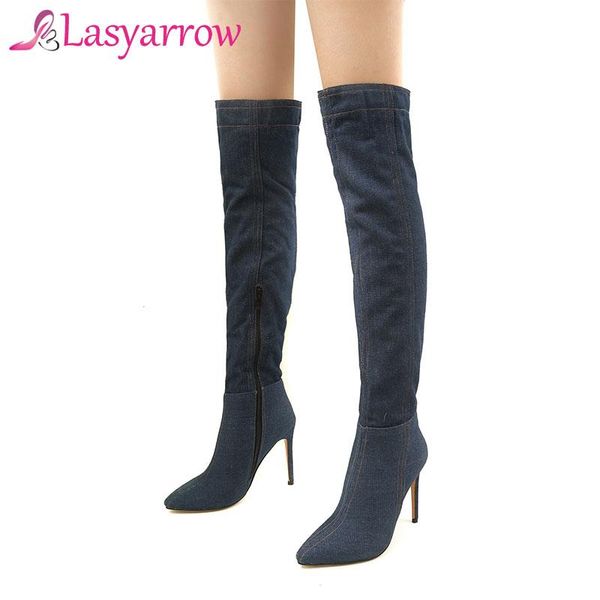 

lasyarrow slim over the knee boots women's thigh high stiletto boots denim pointy high heel zipper long botas feminina f669, Black