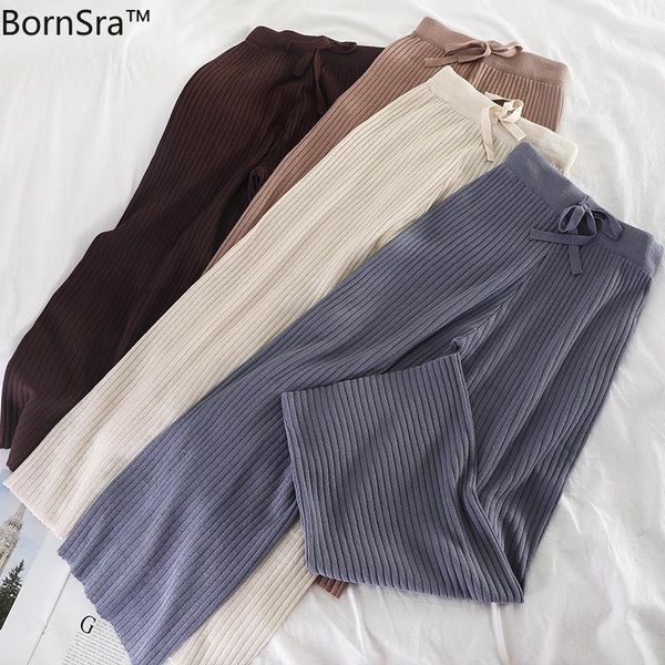 

bornsra knitted pants women new fashion korean solid lace up stretch waist trousers casual loose wide leg pants femme1, Black;white