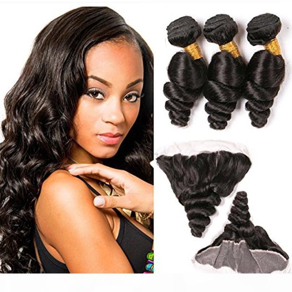 

human hair weft with frontal 7a brazilian unprocessed virgin hair loose wave 13x4 ear to ear lace closure with 3 hair bundles dhl, Black;brown