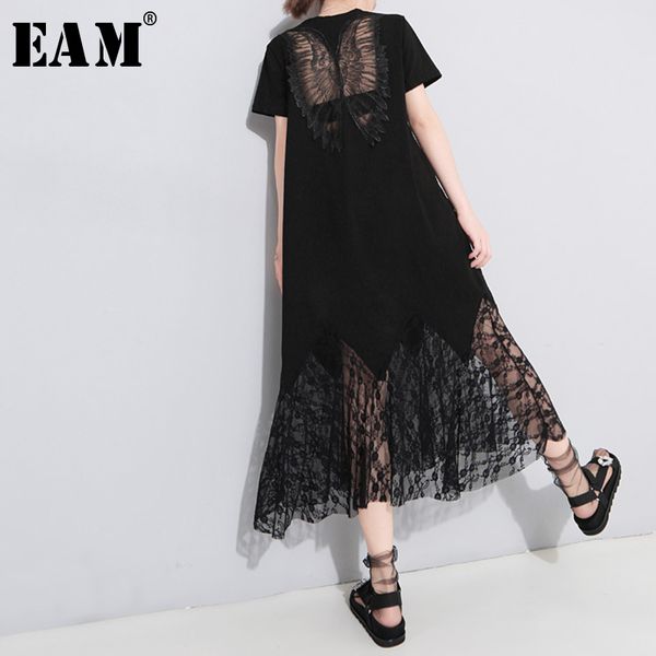 

[eam] 2020 new spring summer round neck short sleeve black lace hollow out oose long temperament dress women fashion tide lj200818, Black;gray