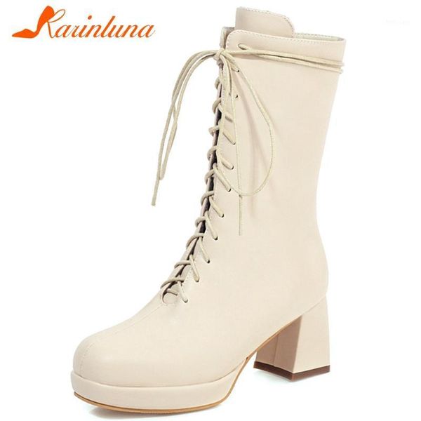

karin 2020 brand 2020 square heels shoelaces platform winter ladies fashion boots shoes women1, Black