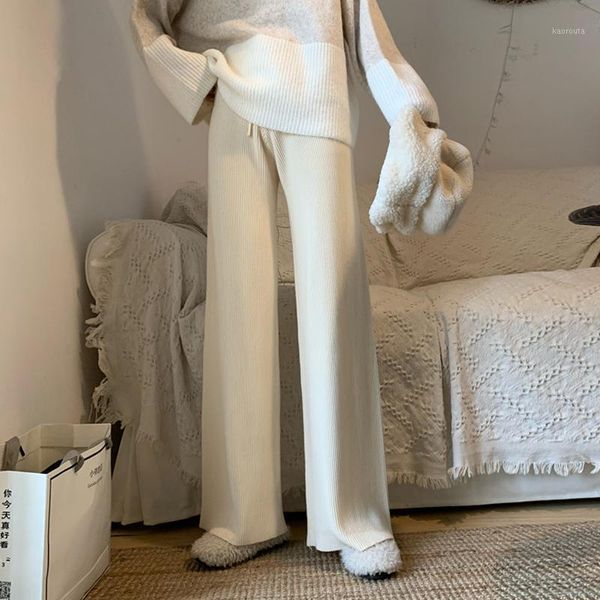 

loose knitted pants autumn 2020 new korean high waist slim casual pants women's small straight tube wide leg1, Black;white