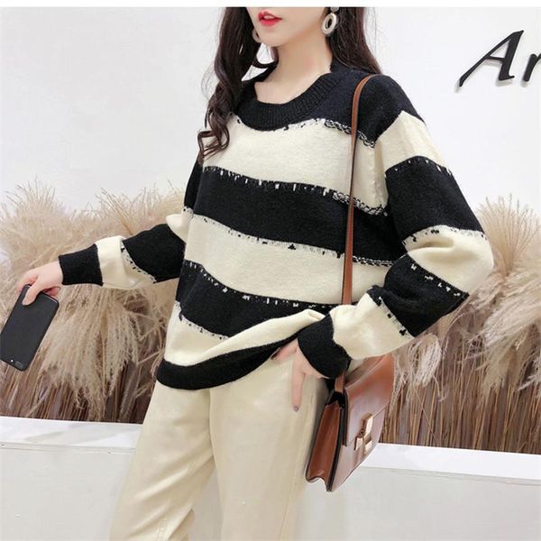 

knitted sweater pullover stripe all match o-neck autumn knitwear sueter mujer long sleeve fashion women new 2019 warm loose1, White;black