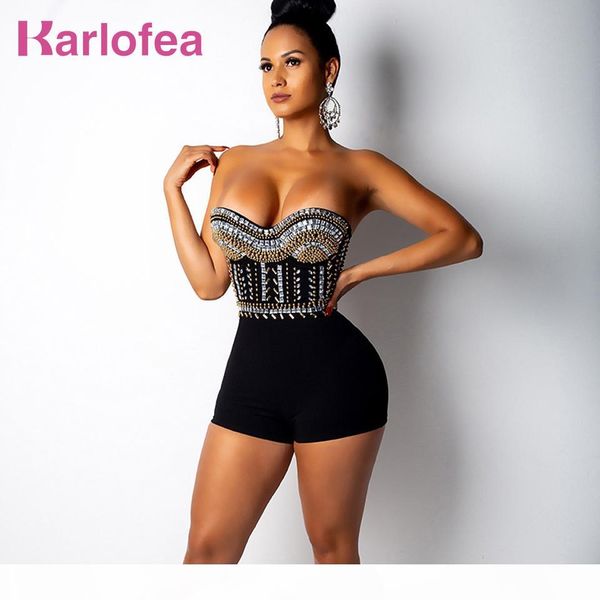 

karlofea мода женщины алмазы rompers sexy бретельки bodycon rhinestone короткого комбинезон партия клуб кристалл черная красный костюм для п, Black;white