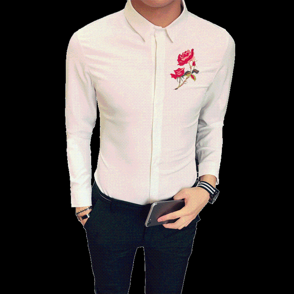 

men's casual shirts autumn men rose flower shirt slim design camisa teen mens large size s-5xl embroidery, White;black