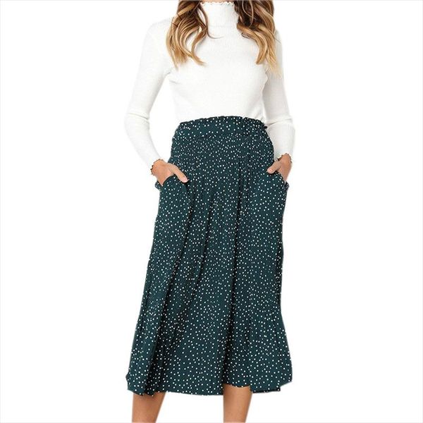 

boho spring fashion skirts casual womens high waist elastic pleated summer skirt polka dot printed pockets skirts party m0396, Black
