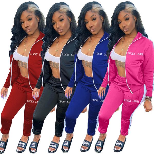 

new fashion women tracksuits two pieces set solid colour high collar embroidered letter zipper sports outfits ladies sportwear y96, Gray