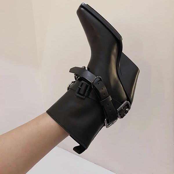 

new ankle boots for women pointed toe high heels shoes women black leather metal decor boots fashion botas de mujer 2020