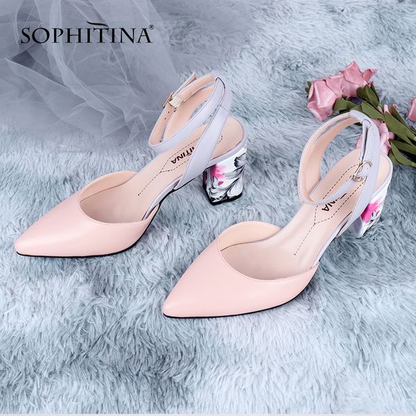 

sophitina fashion new women pumps ankle wrap buckle decoration pointed toe square heel high shoes sheepskin handmade pumps c645 1007, Black;white