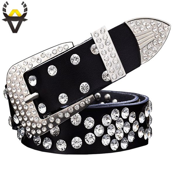 

fashion rhinestone genuine leather belts for women waist belt for men quality second layer cow skin strap width 3.3 cm y200424, Black;brown