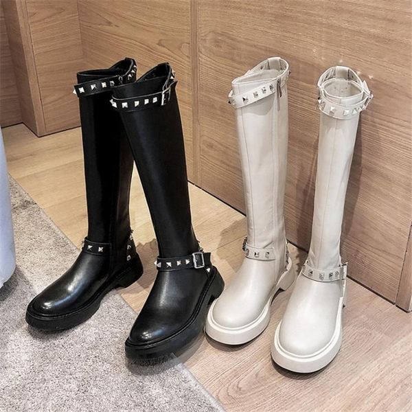 

pxelena split leather rivet motorcycle knee high boots med heels 2020 autumn winter shoes round toe riding knight boots, Black