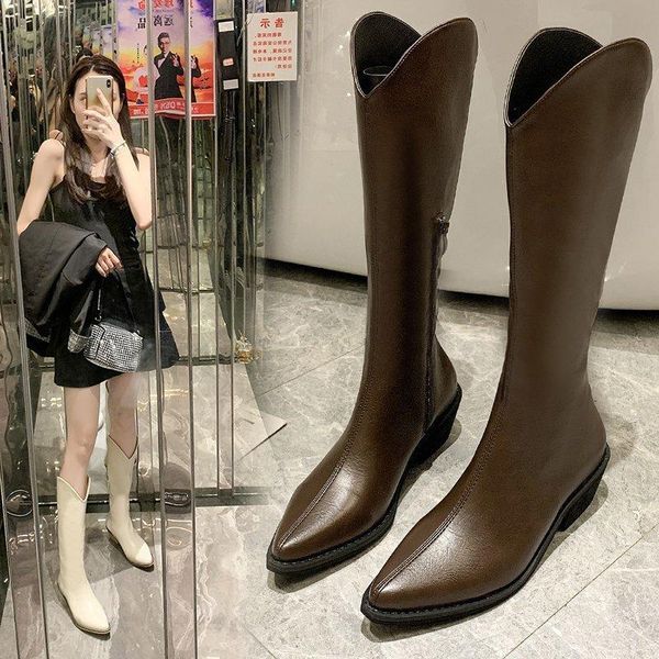 

boots autumn 2021 style pointed high knight western cowboy white women thick heel thin fashion, Black