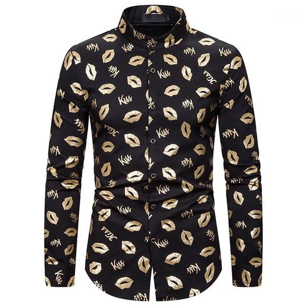 

mens lips gold pattern dress shirts 2020 brand mandarin collar long sleeve shirt men party wedding club camisa social xxl1, White;black