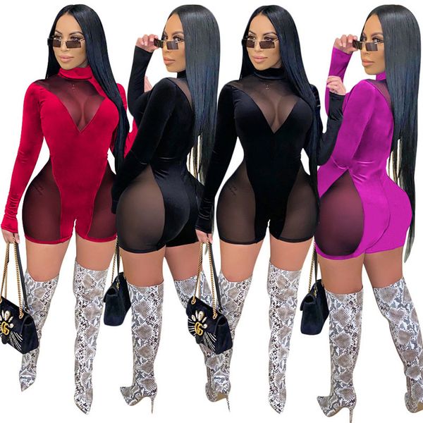 

womens jumpsuits mesh long sleeve rompers overalls one piece shorts elegant fashion jumpsuit pullover comfortable clubwear d213, Black;white