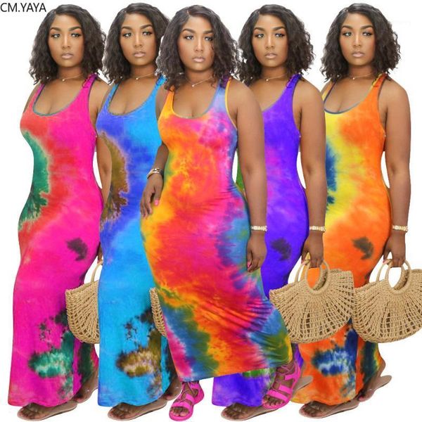 

cm.yaya women summer black hole tie dye print sleeveless bodycon midi tank long dress night club party pencil maxi dresses1, Black;gray