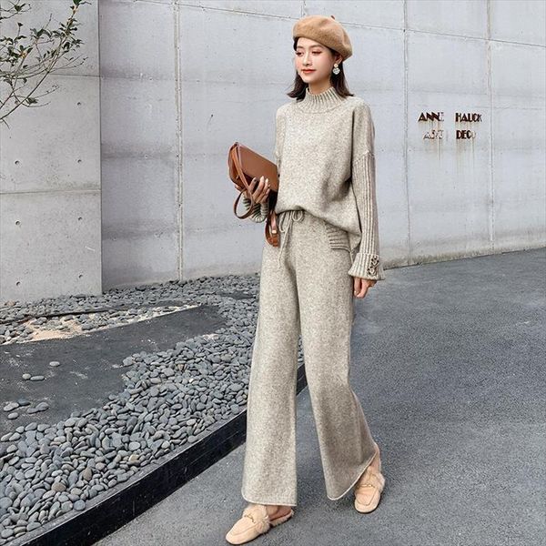 

wool cashmere knitted suit turtleneck pullovers sweater set women knit two piece set wide legs pants thicken warm f935, Gray