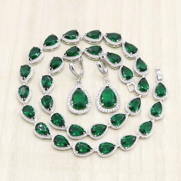 

necklace earrings sets for women silver color jewelry set green semi-precious anniversary bridal jewelry gift box