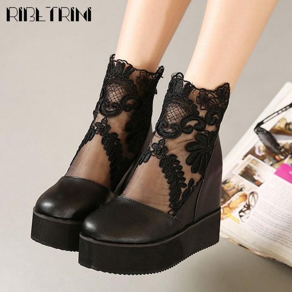 

ribetrini new fashion height increasing female sweet flower embroider shoes women pumps platform mesh pumps, Black