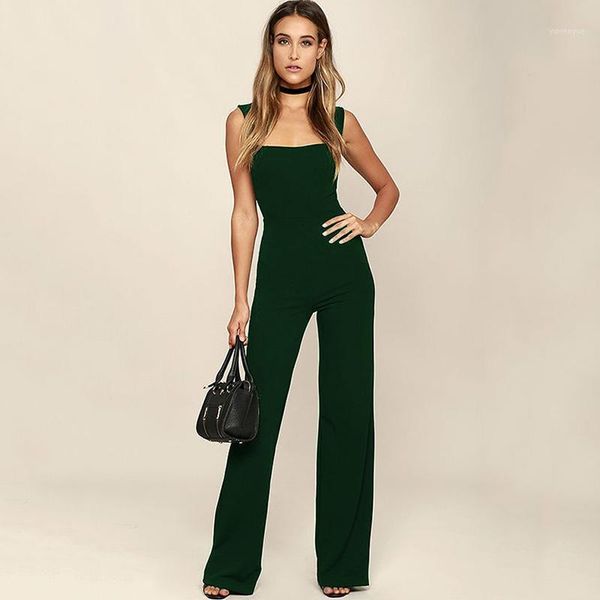 

plus size rompers women's jumpsuit square neck sleeveless back zipper flare wide legs pants long casual overalls mujer1, Black;white