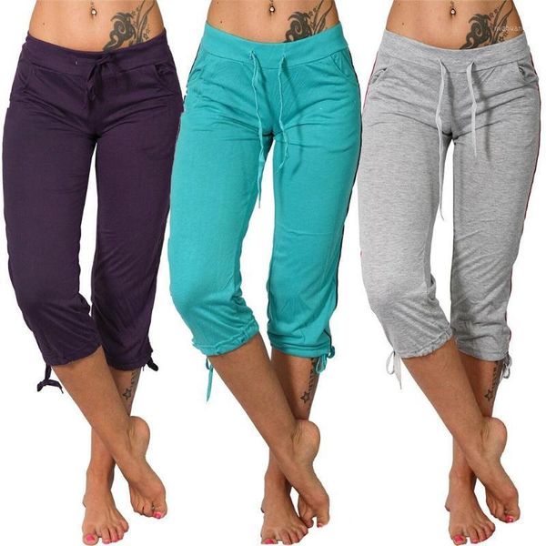 

women solid color mid rise pockets drawstring slim capri pants cropped trousers with pockets drawstring perfect gifts1, Black;white