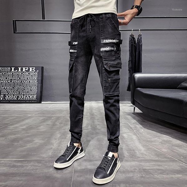 

2020 new skinny jeans men korean slim fit denim pants men side pocket decor hip hop cargo pants casual trousers black 361, Blue