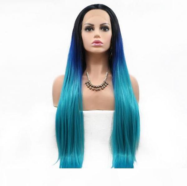 

the latest european and american style star hairstyle blue gradient 22-26 inches long straight hair front lace chemical fiber wig, Black