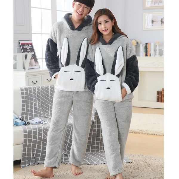 

winter couples coral fleece home clothing women animal pyjamas men pijama masculino with hat long wool sleepwear warm thicker, Black;brown