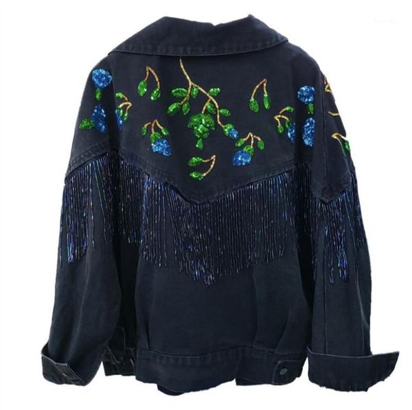 

industrial colored tassels sequin jeans coat women's spring loose-fit cowboy spring clothing 2020 new black denim jackets1, Black;brown