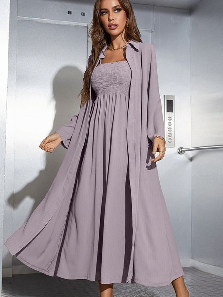 

shirred cami dress & open front coat o6gx#, White