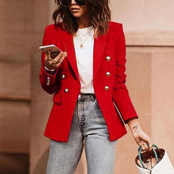 

autumn notched elegant women's blazers long sleeve double breasted red female jackets 2020 new winter office slim ladies blazer, White;black